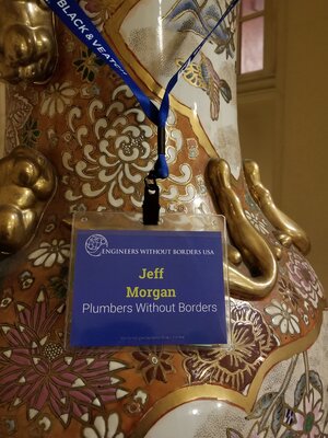 Jeff's name tag on a vase