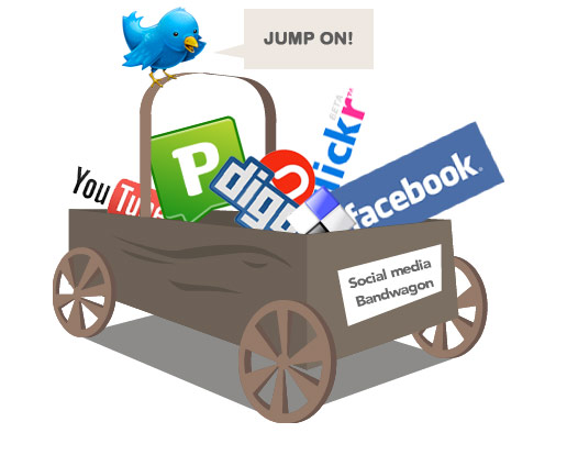 Graphic of a wagon with all Social Media icons in it and a Bird on tap saying "Jump On"